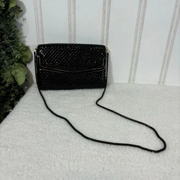 Vintage Metal Mesh Crossbody Bag Black Gold Trim Evening Clutch Glam Retro - Picture 5 of 12